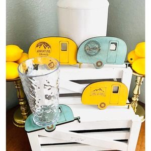 Set of 4 Wood Farmhouse Inspired Camper Themed Coaster (CAMP)